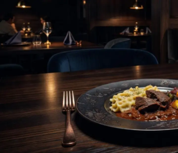 Fine dining főfogás sötét, elegáns asztalon tálalva az Allto Rex étteremben